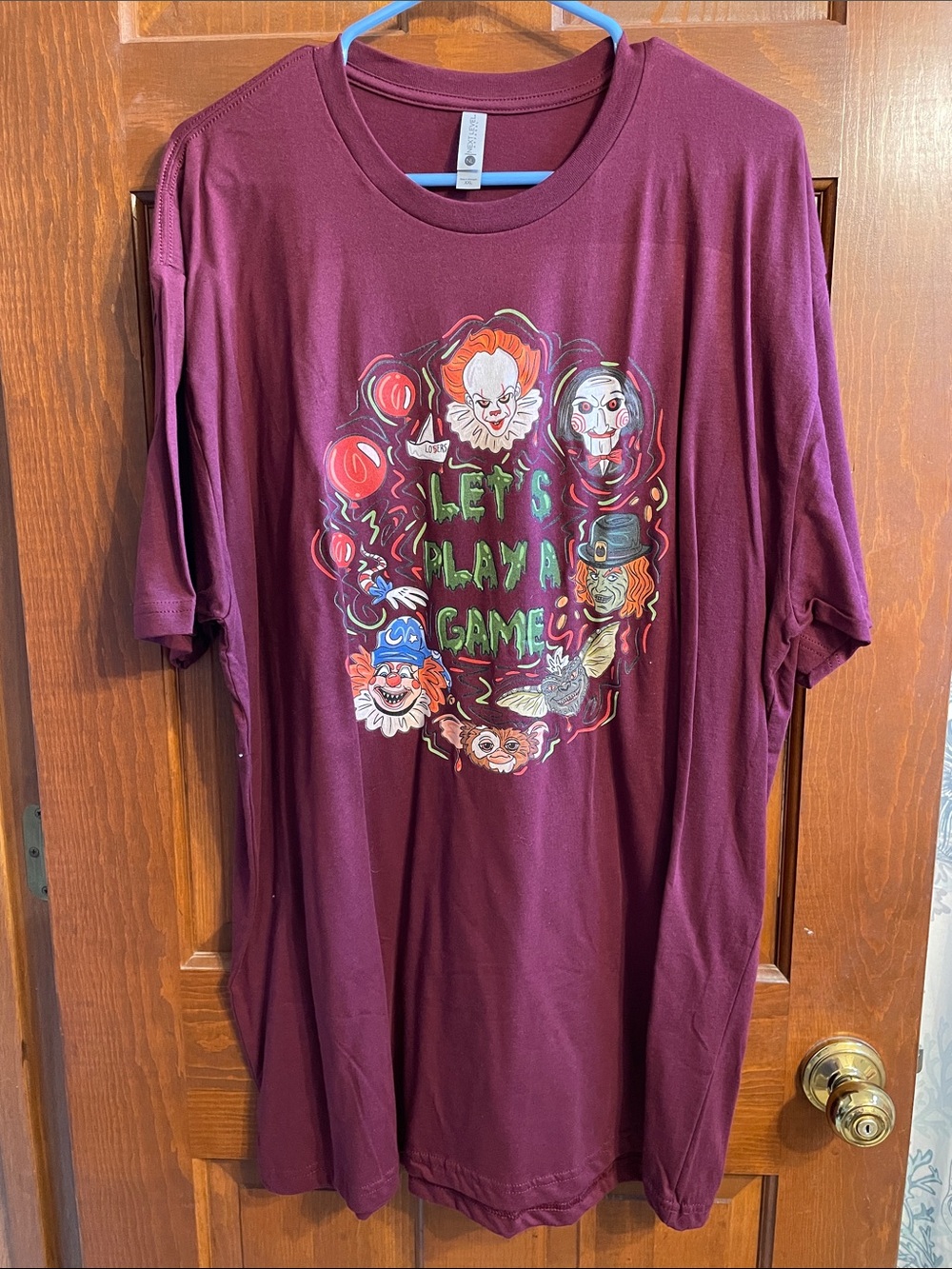 Horror Let’s Play a Game Tshirt Halloween It Saw Gremlins Pennywise Burgundy